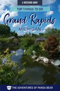 Our guide to the best things to do in Grand Rapids, Michigan in only a 2 day weekend. This itinerary covers what to see and eat. Grand Rapids Public Museum, Frederick Meijer Gardens & Sculpture Park (with a Japanese garden and sculptures by famous artists), Grand River, Downtown Grand Rapids, Meyer May House (by Frank Lloyd Wright). #thingstodo #itinerary #grandrapids #michigan #travelusa #taopb