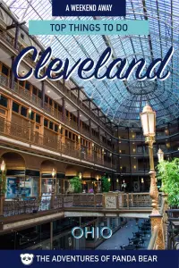 Top things to do in Cleveland in 48 hours with places to see, eat, and stay. Explore downtown Cleveland, including the Cleveland Arcade and the Cleveland Trust Building. Try out the best coffee and ice cream spots in the city and check out the amazing Cleveland Museum of Art. See the Rock and Roll Hall of Fame or the World's Largest Rubber Stamp and eat at the West Side Market or try Polish food, such as pierogis and kielbasa. #ThAdvOfPndaBear #Cleveland #Ohio #Weekend #Itineraries