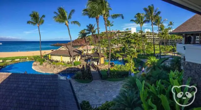 The grounds of the Sheraton Maui Resort & Spa with Black Rock in the background. 